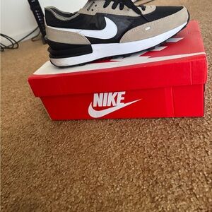 Tan white black Nike waffles